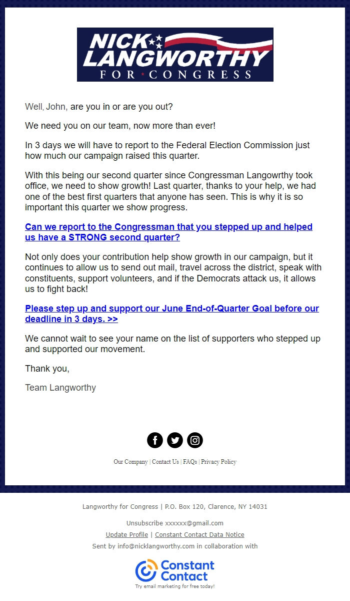 Screenshot of the email generated on import