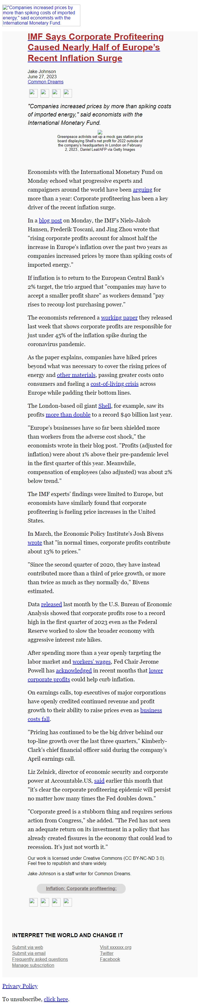 Screenshot of the email generated on import