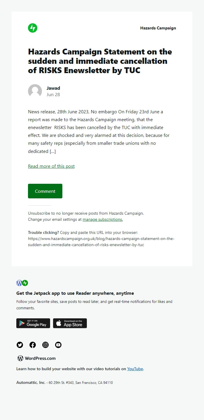 Screenshot of the email generated on import