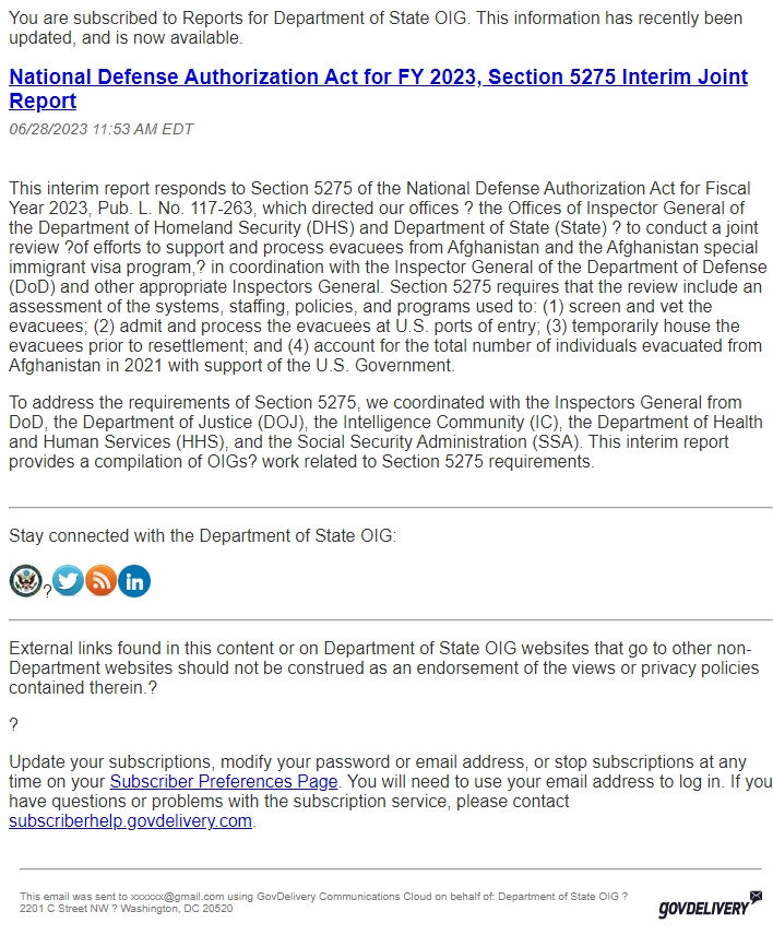 Screenshot of the email generated on import