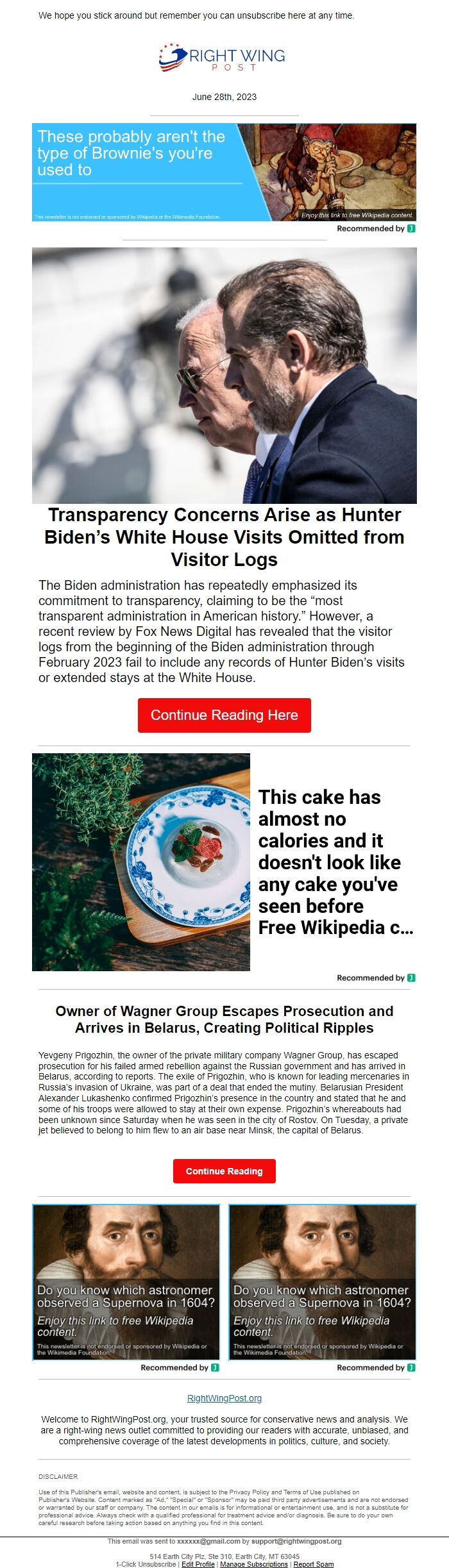 Screenshot of the email generated on import