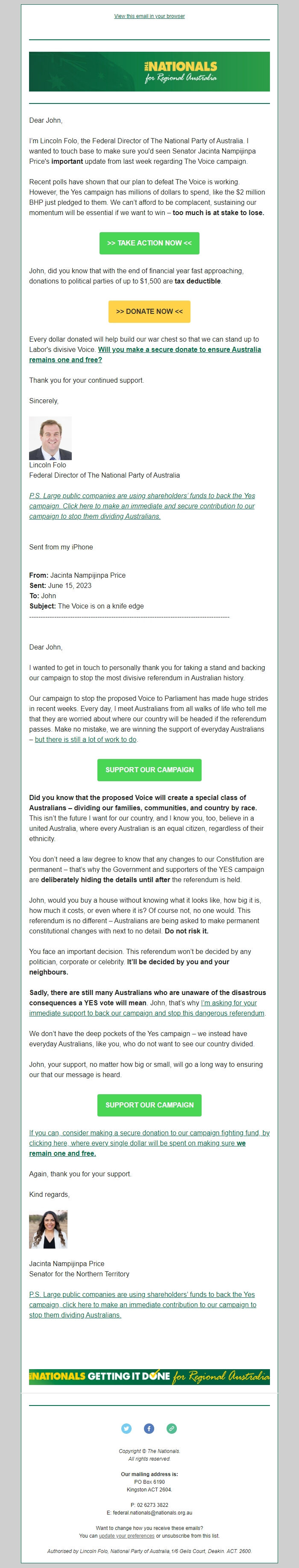 Screenshot of the email generated on import