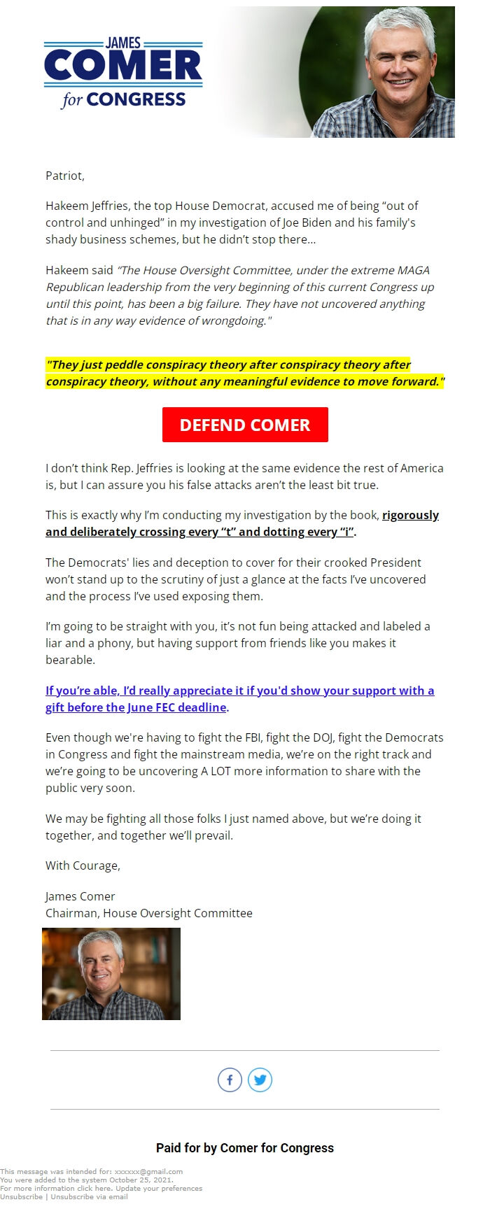 Screenshot of the email generated on import