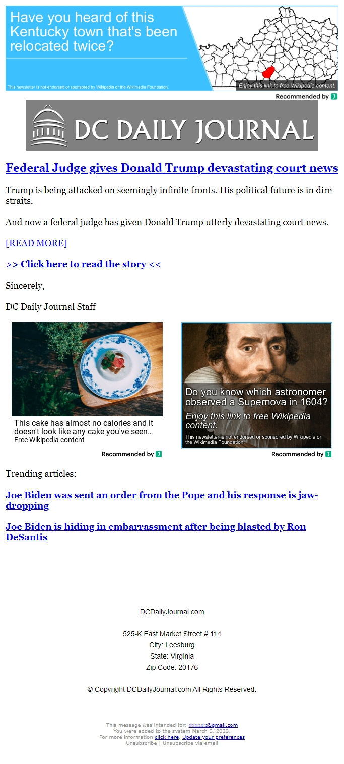 Screenshot of the email generated on import