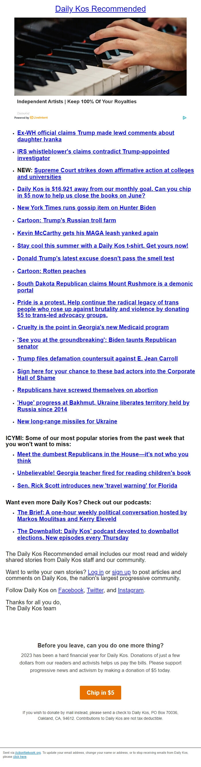 Screenshot of the email generated on import