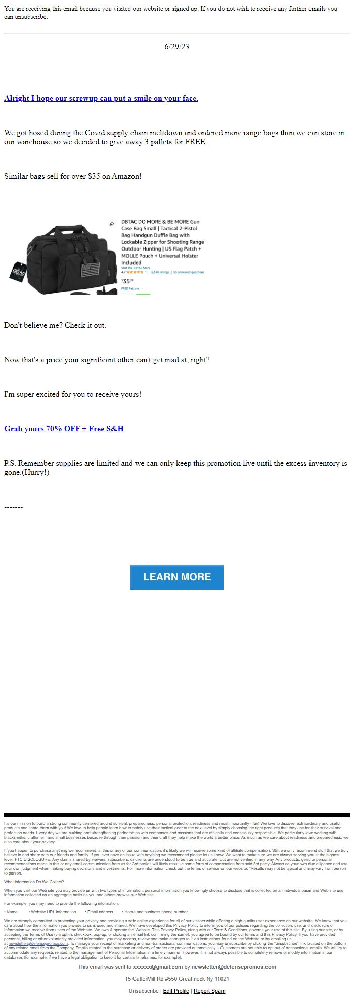 Screenshot of the email generated on import