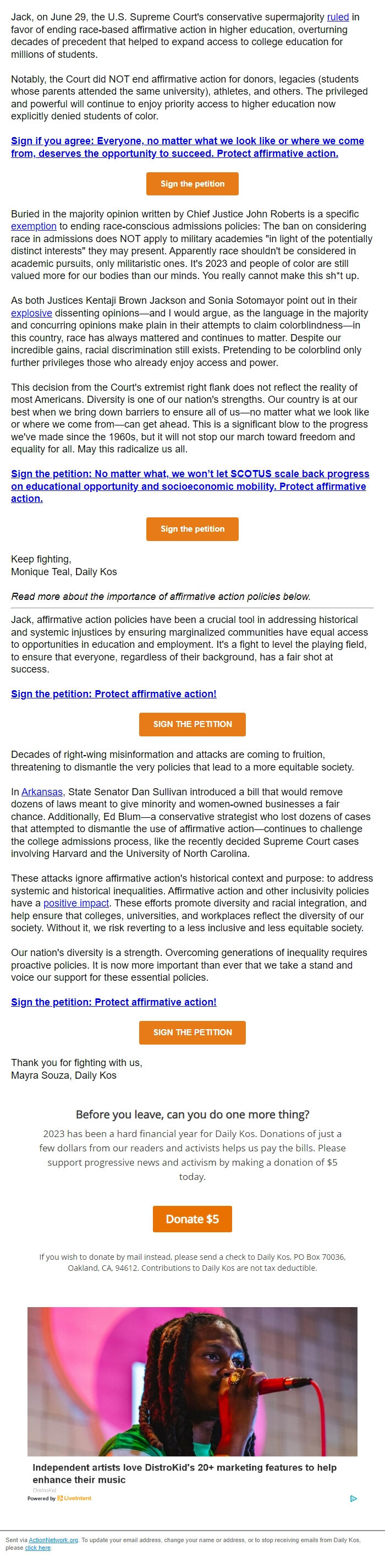 Screenshot of the email generated on import