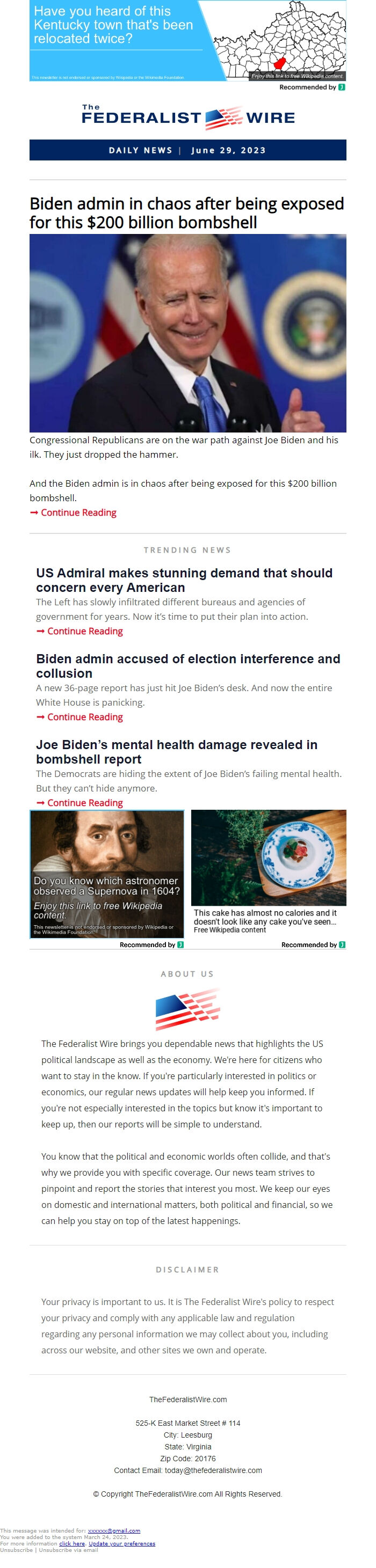 Screenshot of the email generated on import