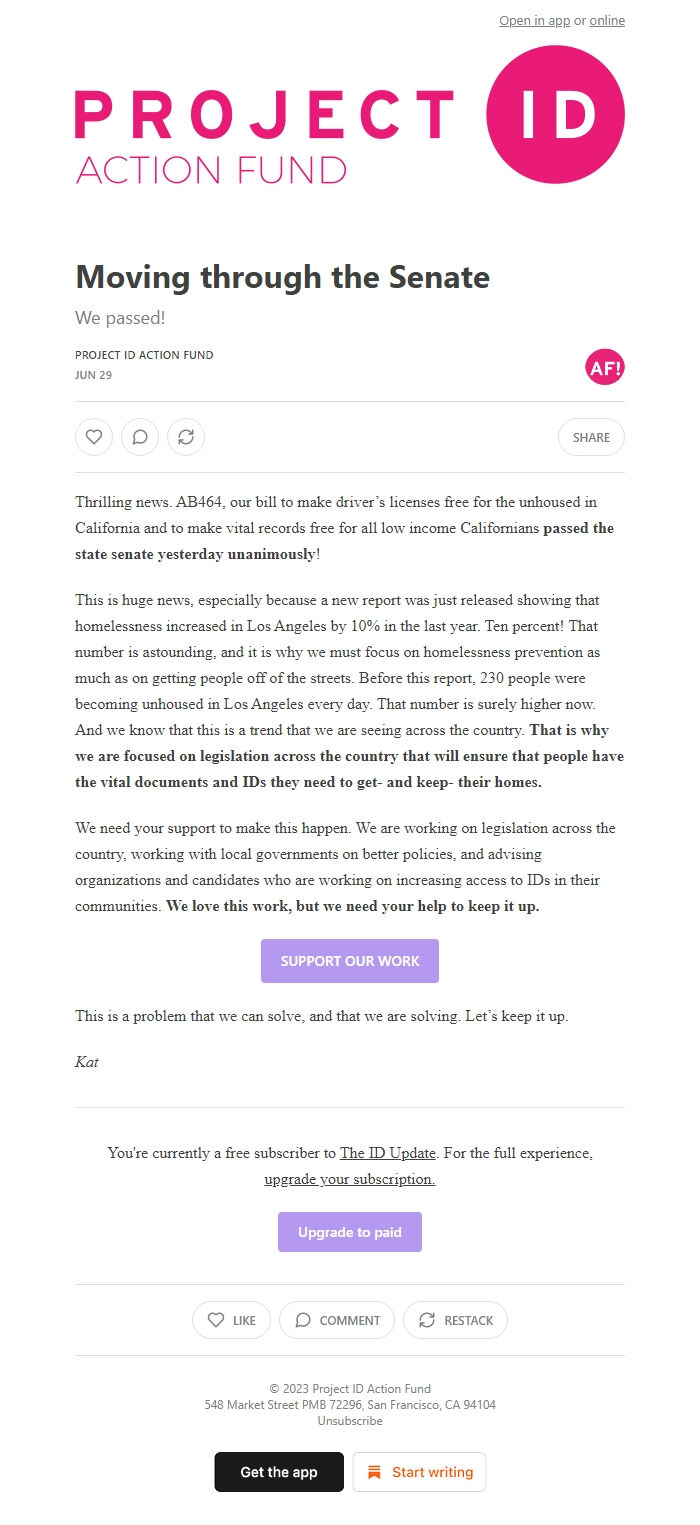 Screenshot of the email generated on import