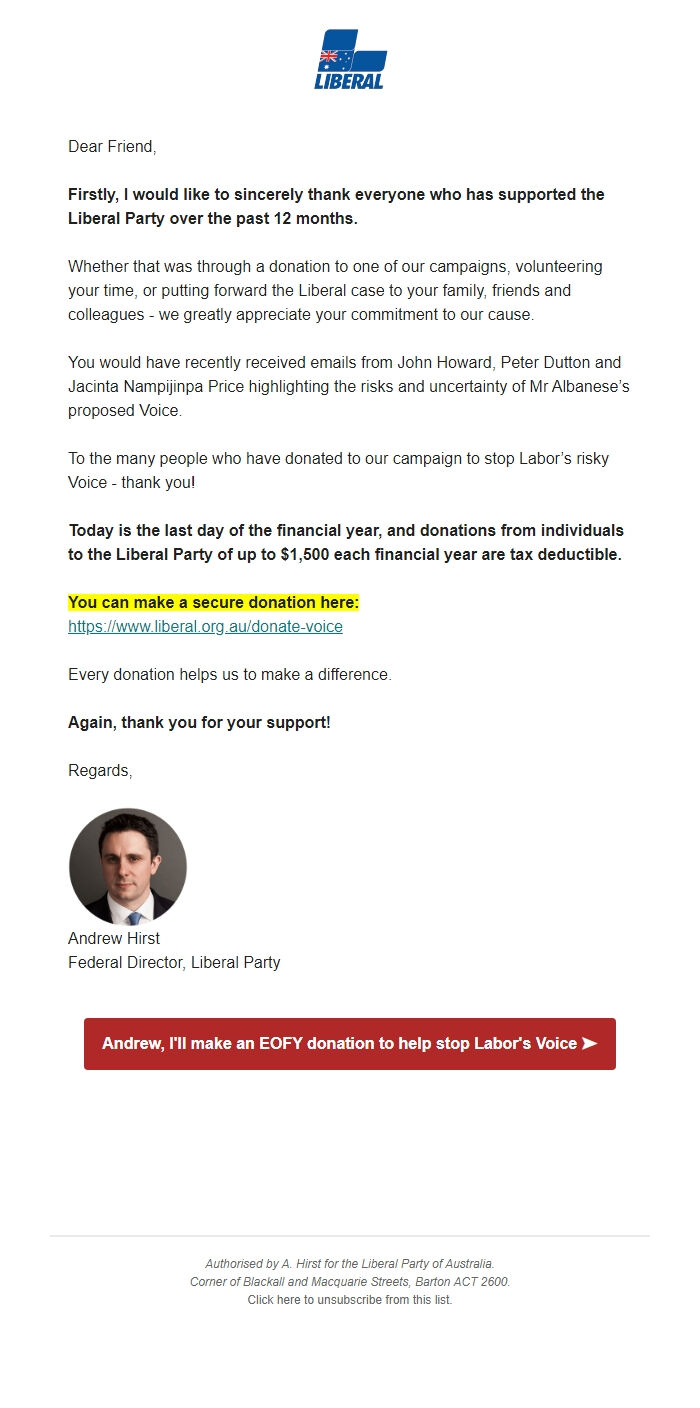 Screenshot of the email generated on import