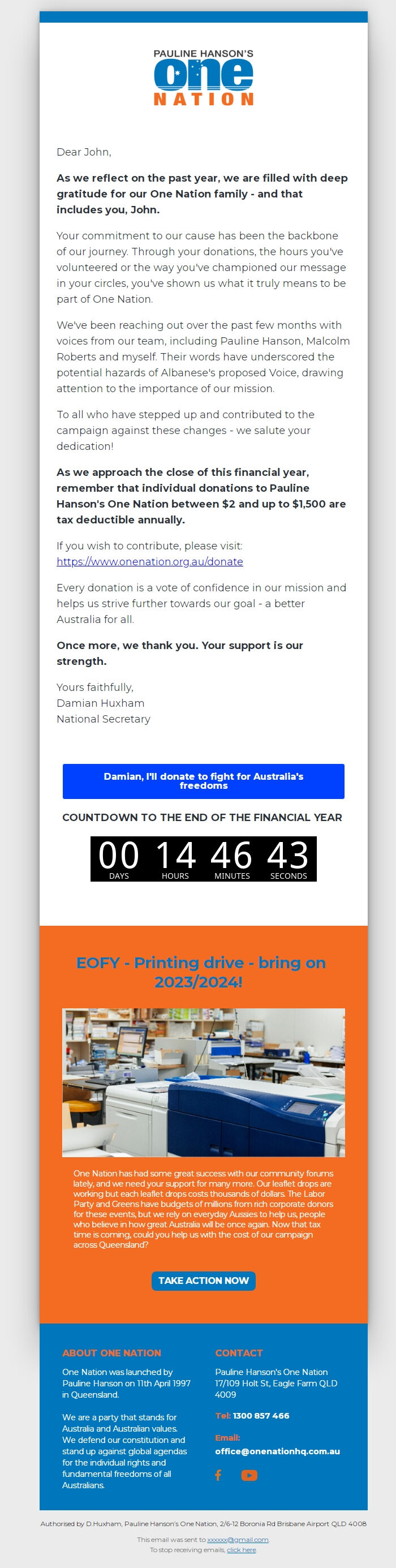 Screenshot of the email generated on import