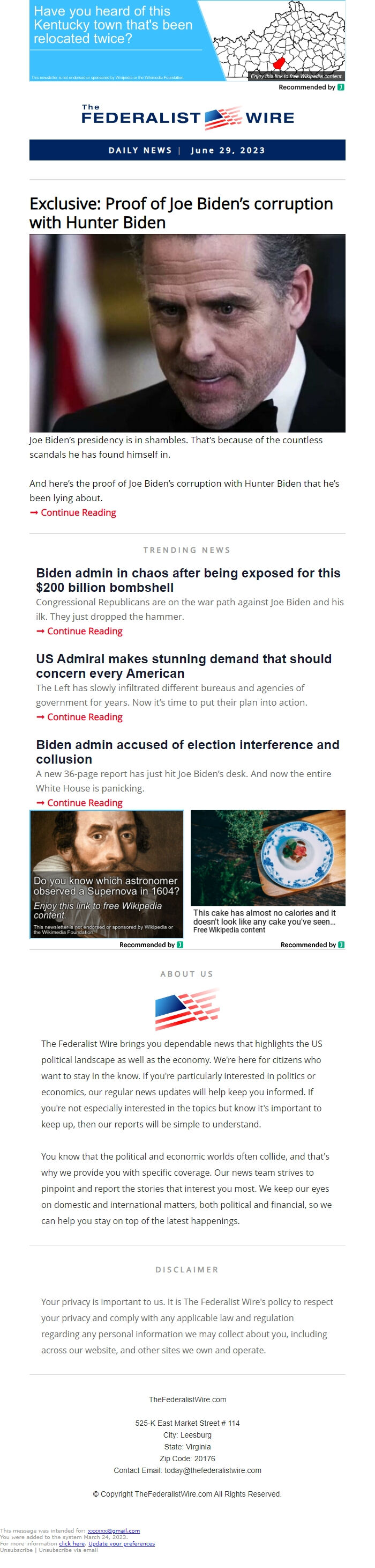 Screenshot of the email generated on import