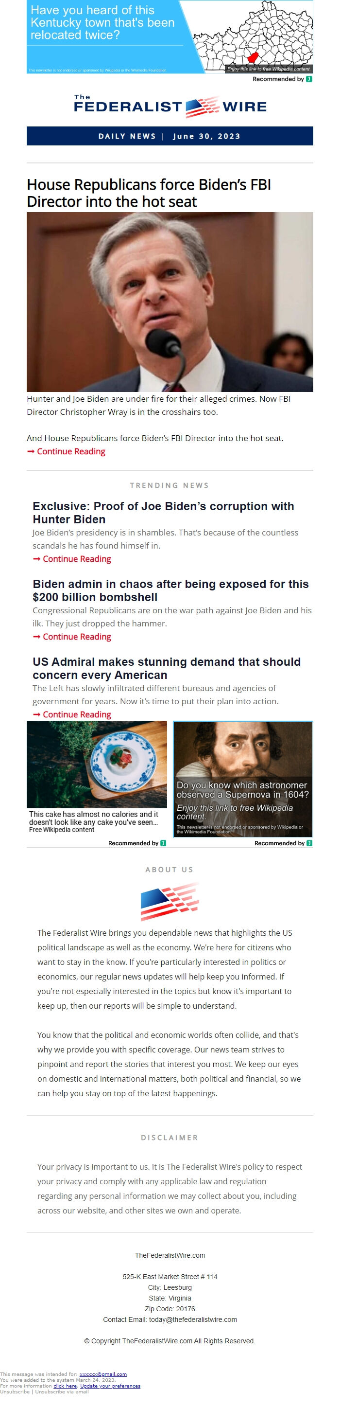Screenshot of the email generated on import