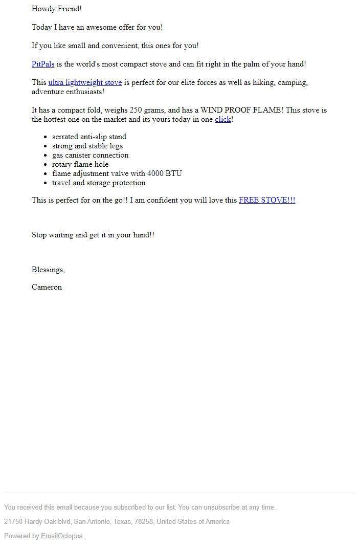 Screenshot of the email generated on import