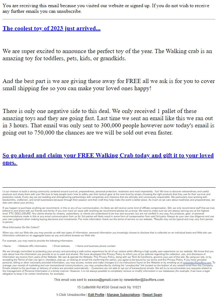 Screenshot of the email generated on import
