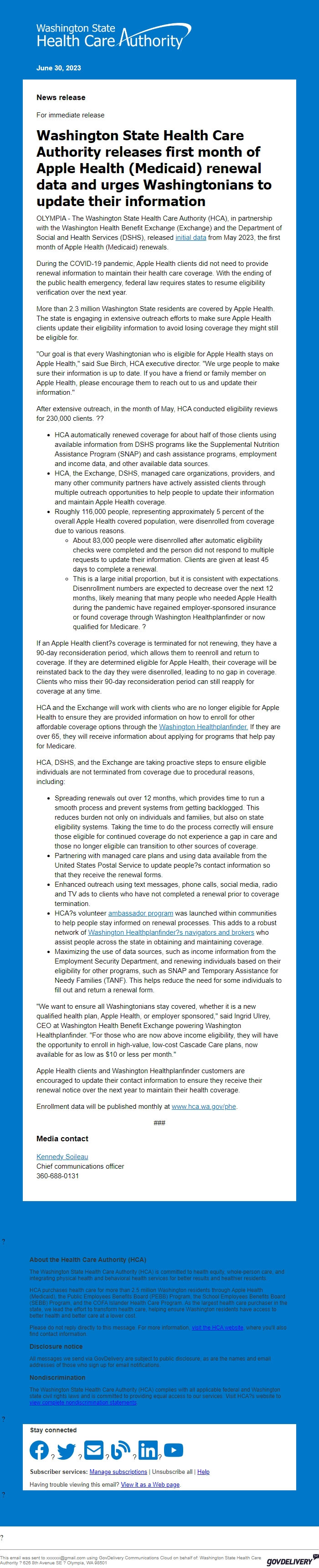Screenshot of the email generated on import
