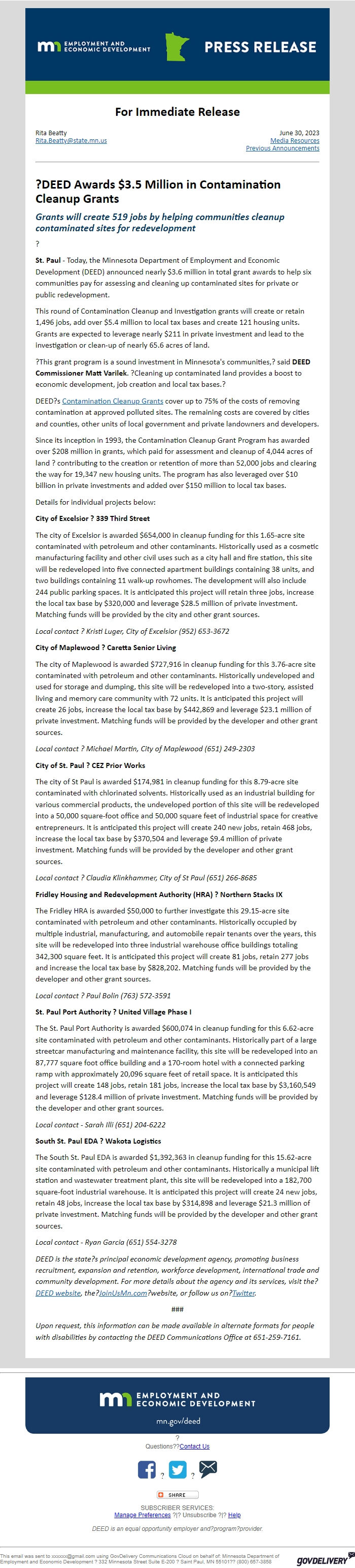 Screenshot of the email generated on import