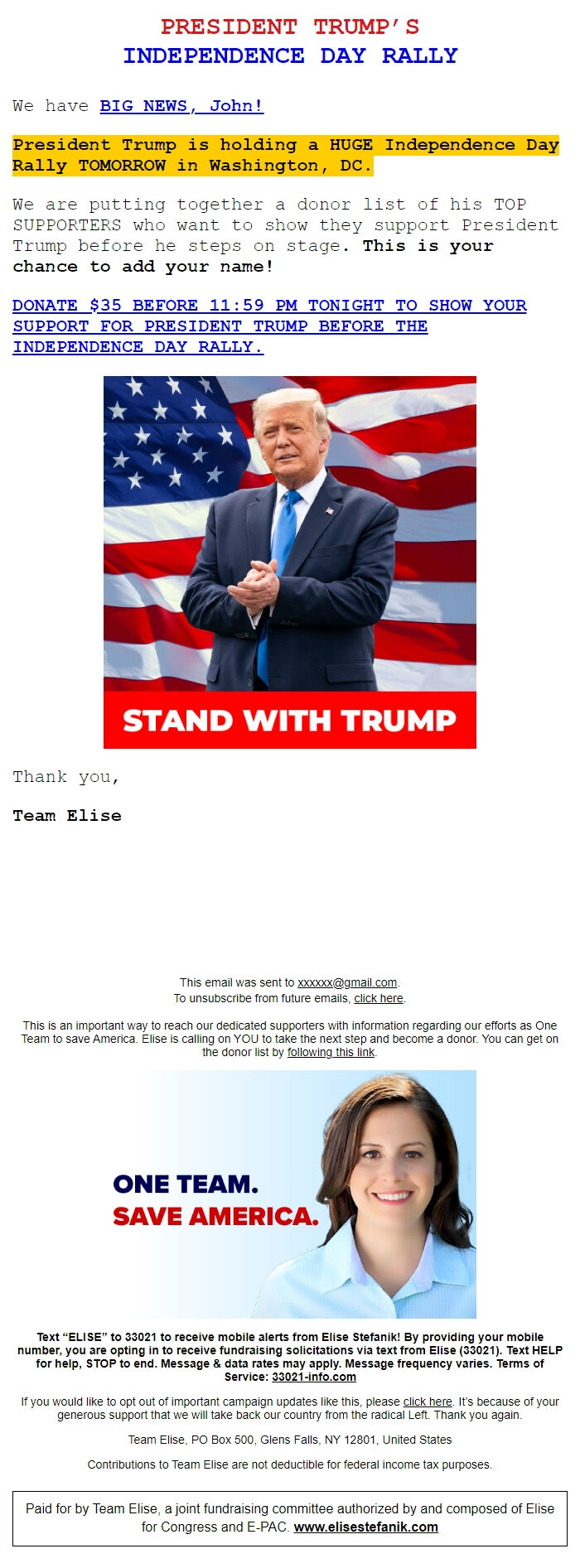 Screenshot of the email generated on import
