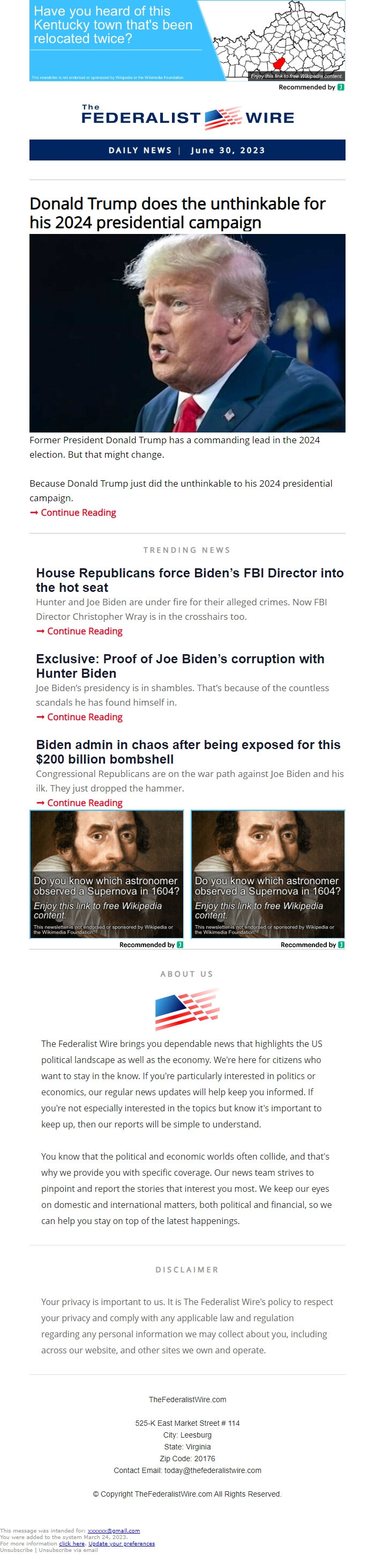Screenshot of the email generated on import