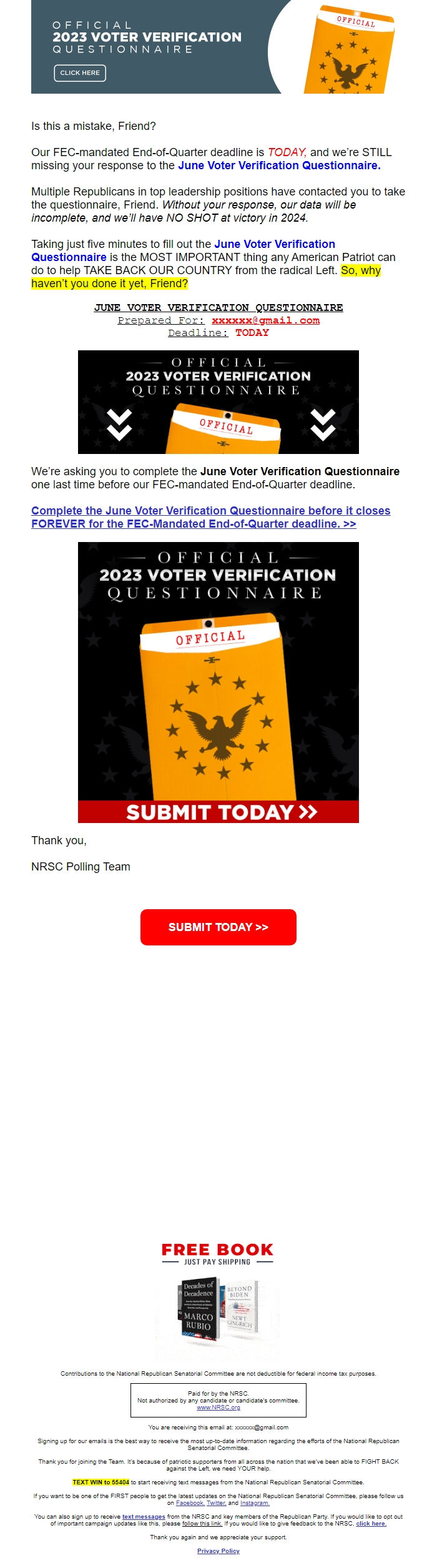 Screenshot of the email generated on import