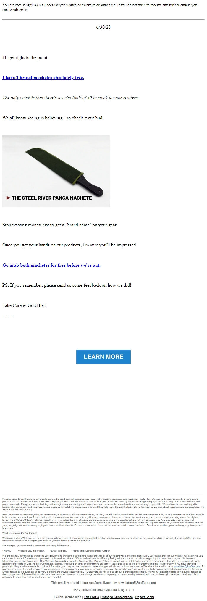 Screenshot of the email generated on import