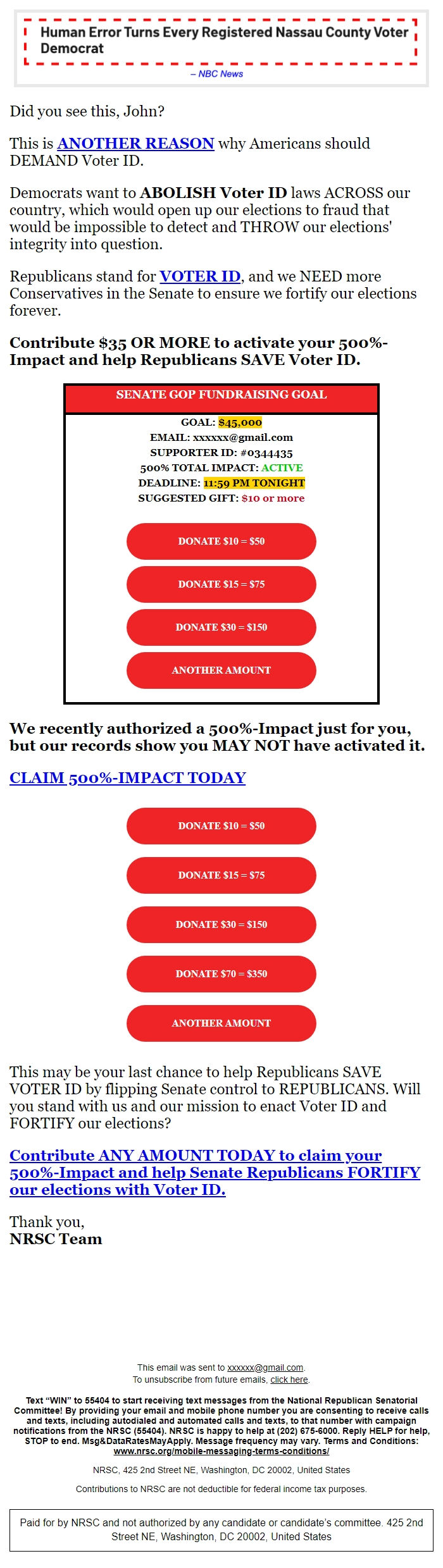 Screenshot of the email generated on import