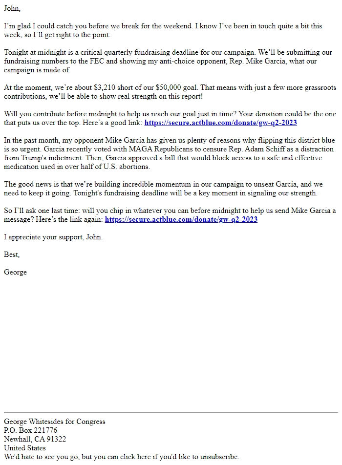 Screenshot of the email generated on import