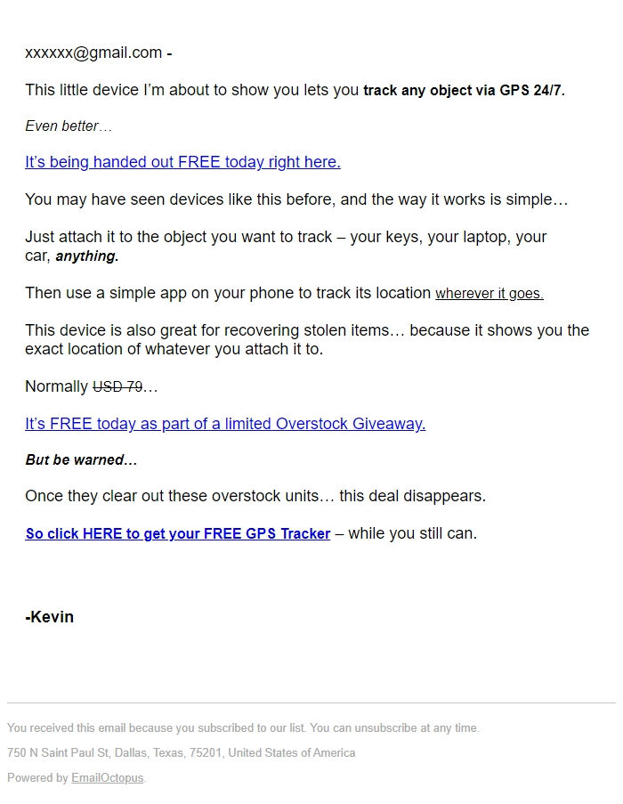 Screenshot of the email generated on import