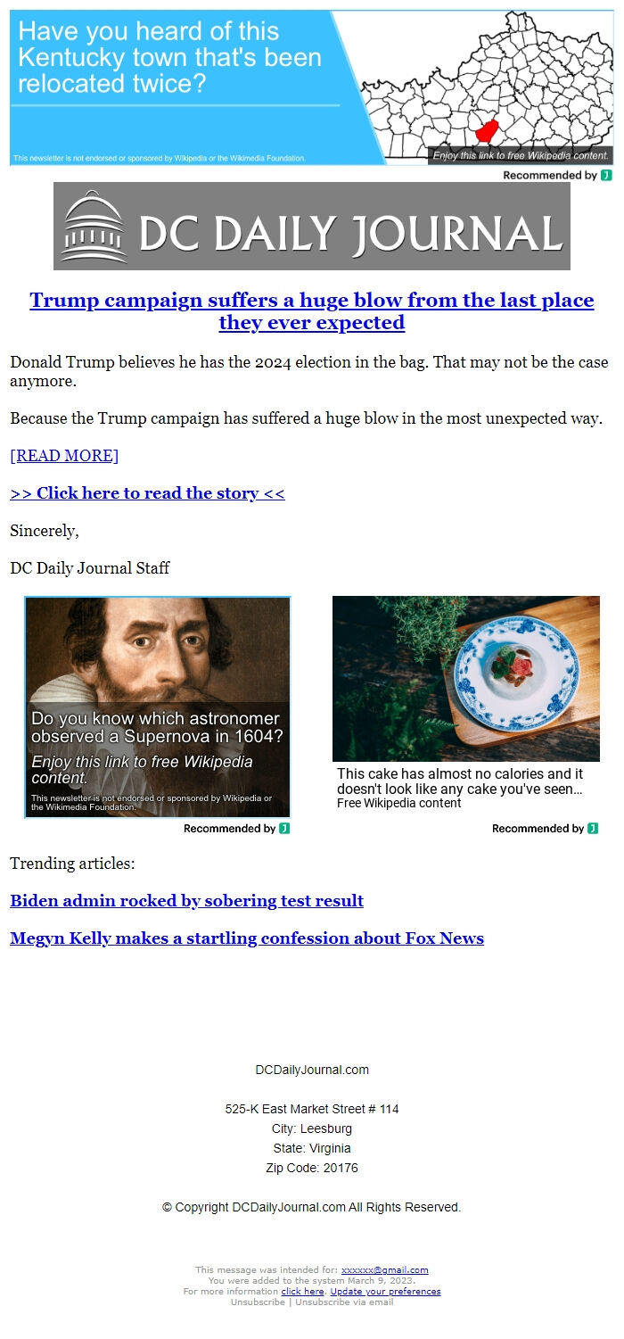 Screenshot of the email generated on import