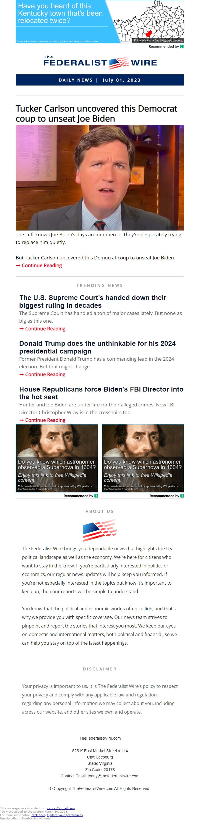 Screenshot of the email generated on import
