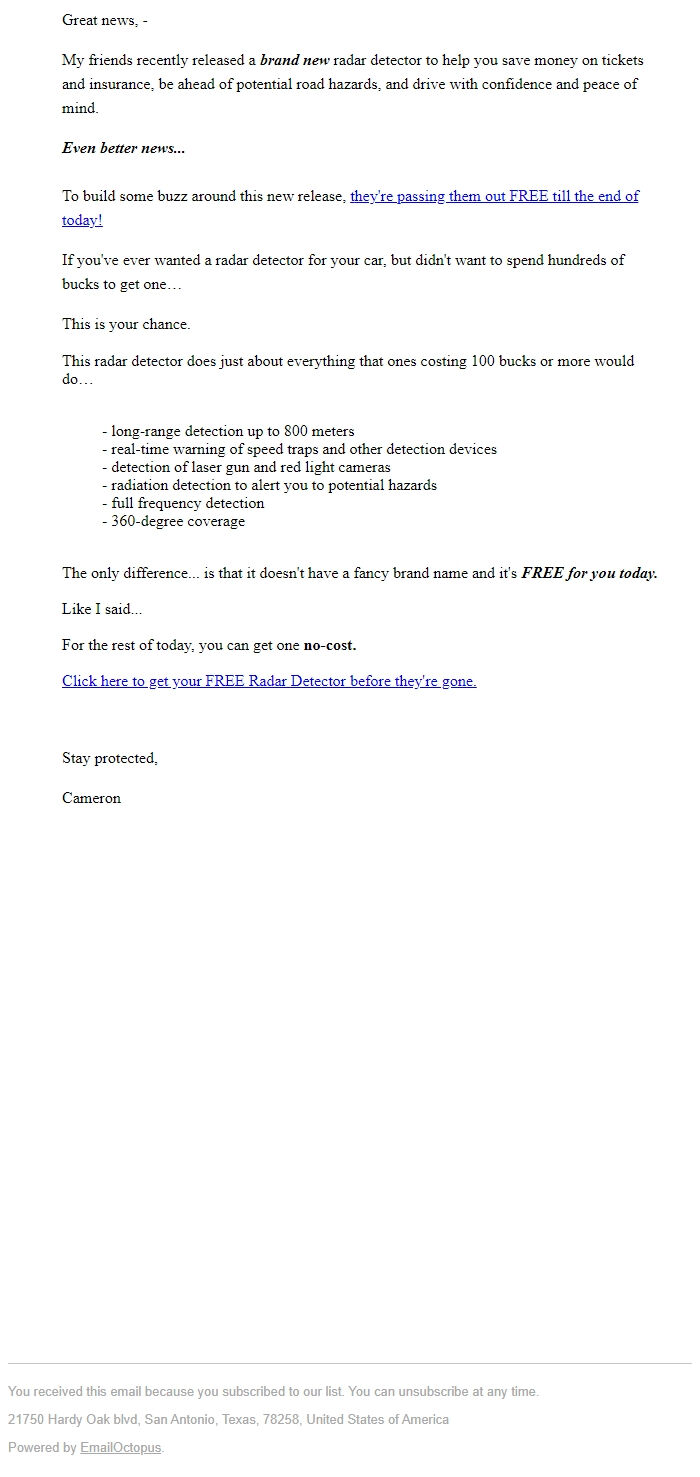 Screenshot of the email generated on import