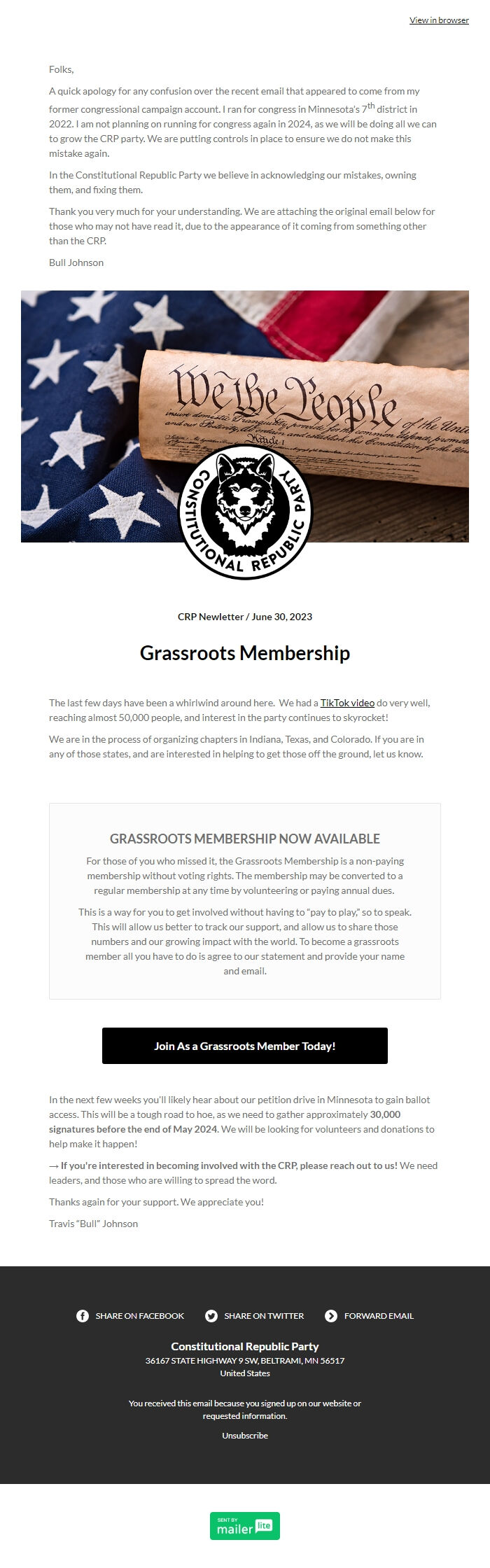 Screenshot of the email generated on import