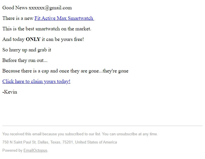 Screenshot of the email generated on import