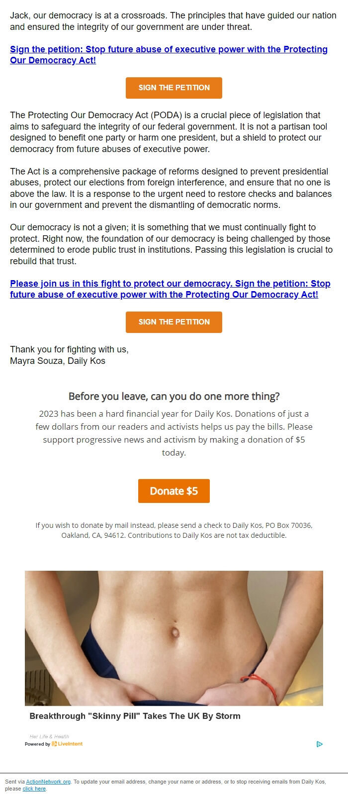Screenshot of the email generated on import