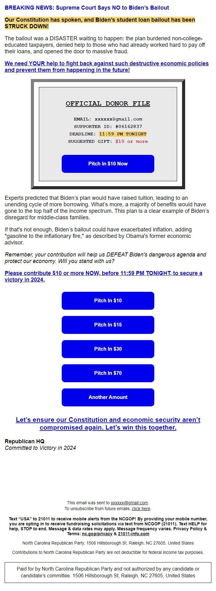 Screenshot of the email generated on import