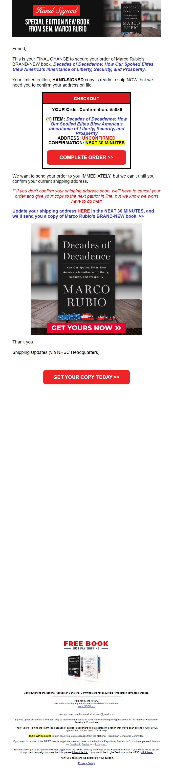 Screenshot of the email generated on import