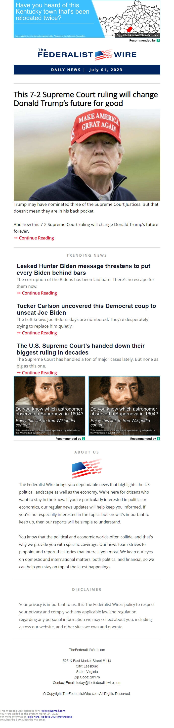 Screenshot of the email generated on import