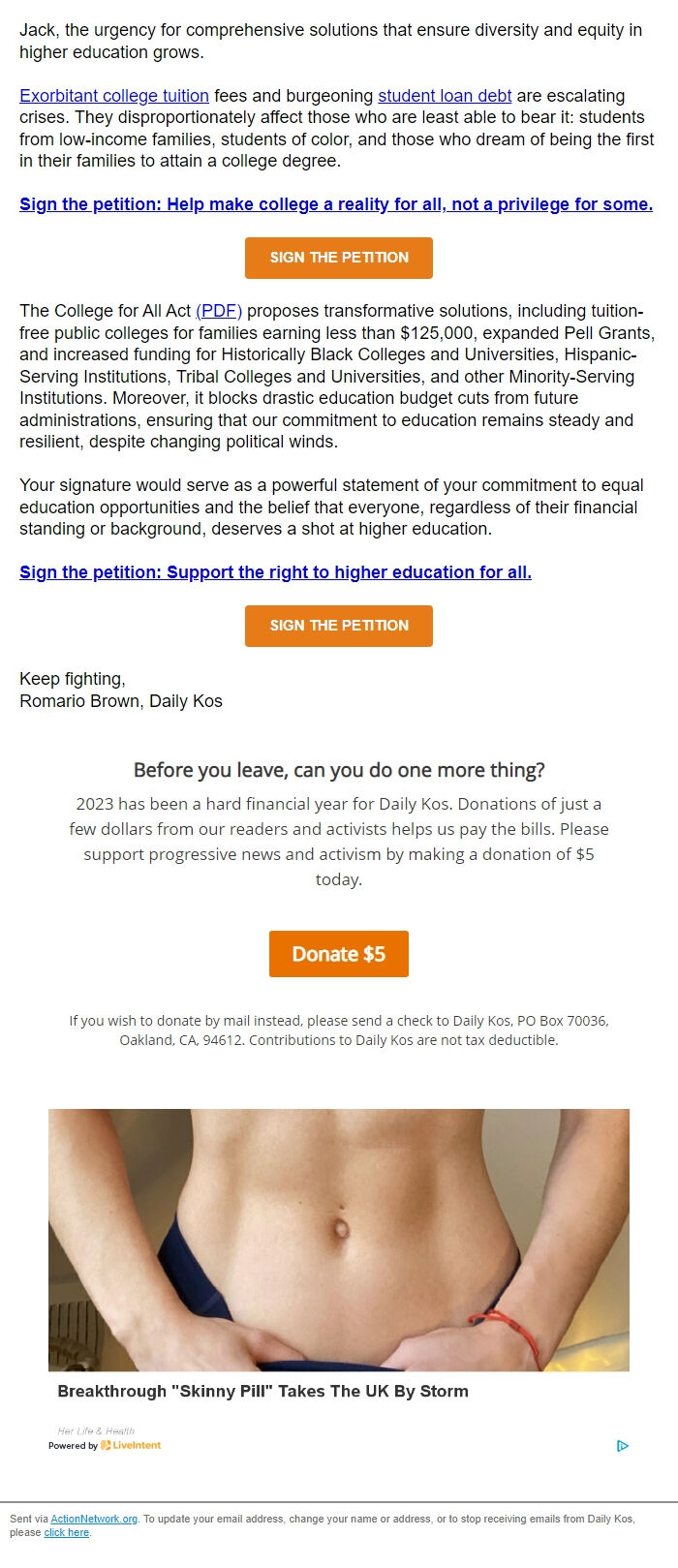 Screenshot of the email generated on import