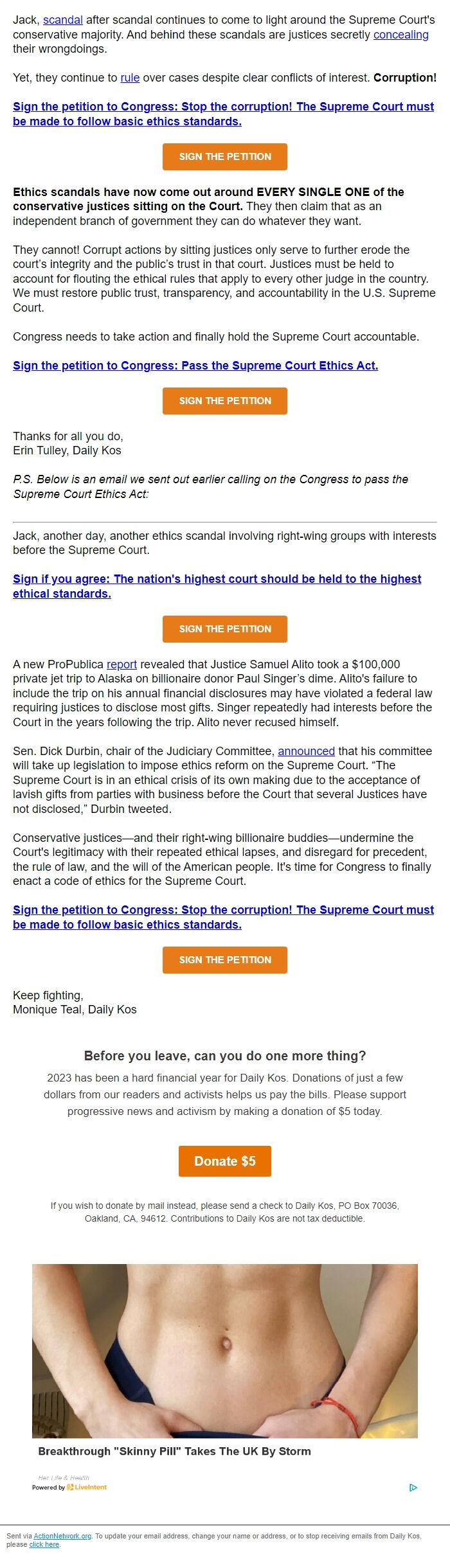 Screenshot of the email generated on import