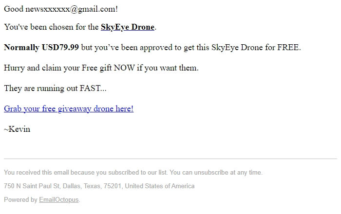 Screenshot of the email generated on import