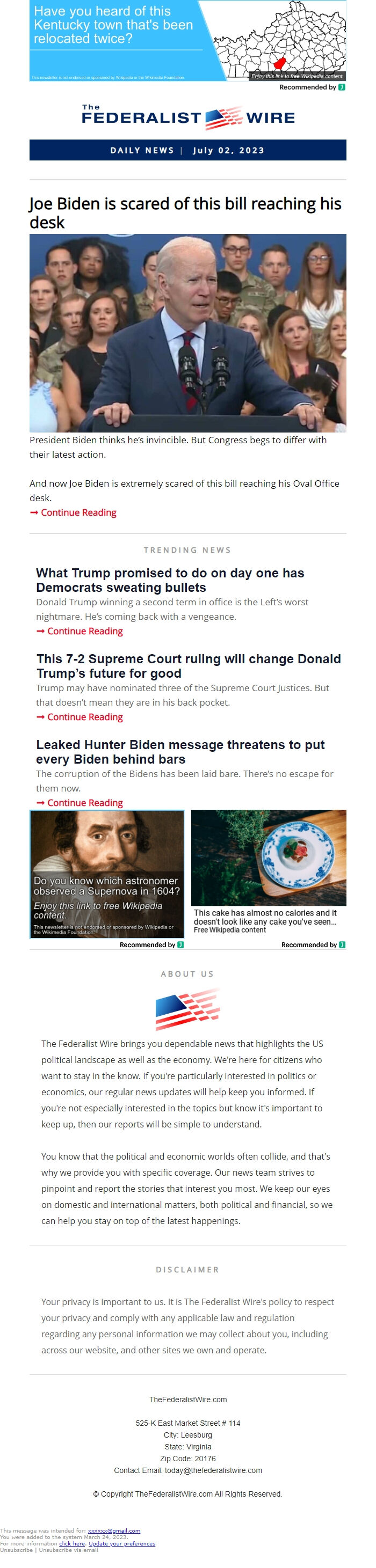 Screenshot of the email generated on import
