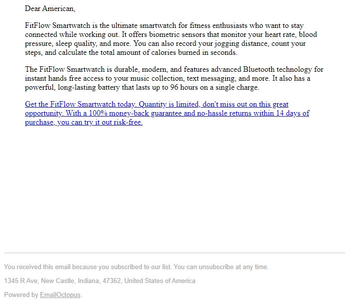 Screenshot of the email generated on import