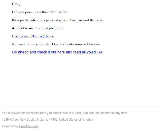 Screenshot of the email generated on import