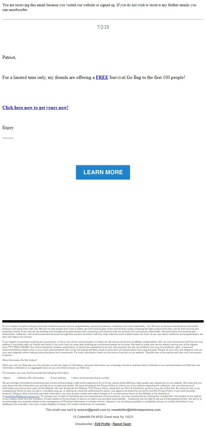 Screenshot of the email generated on import