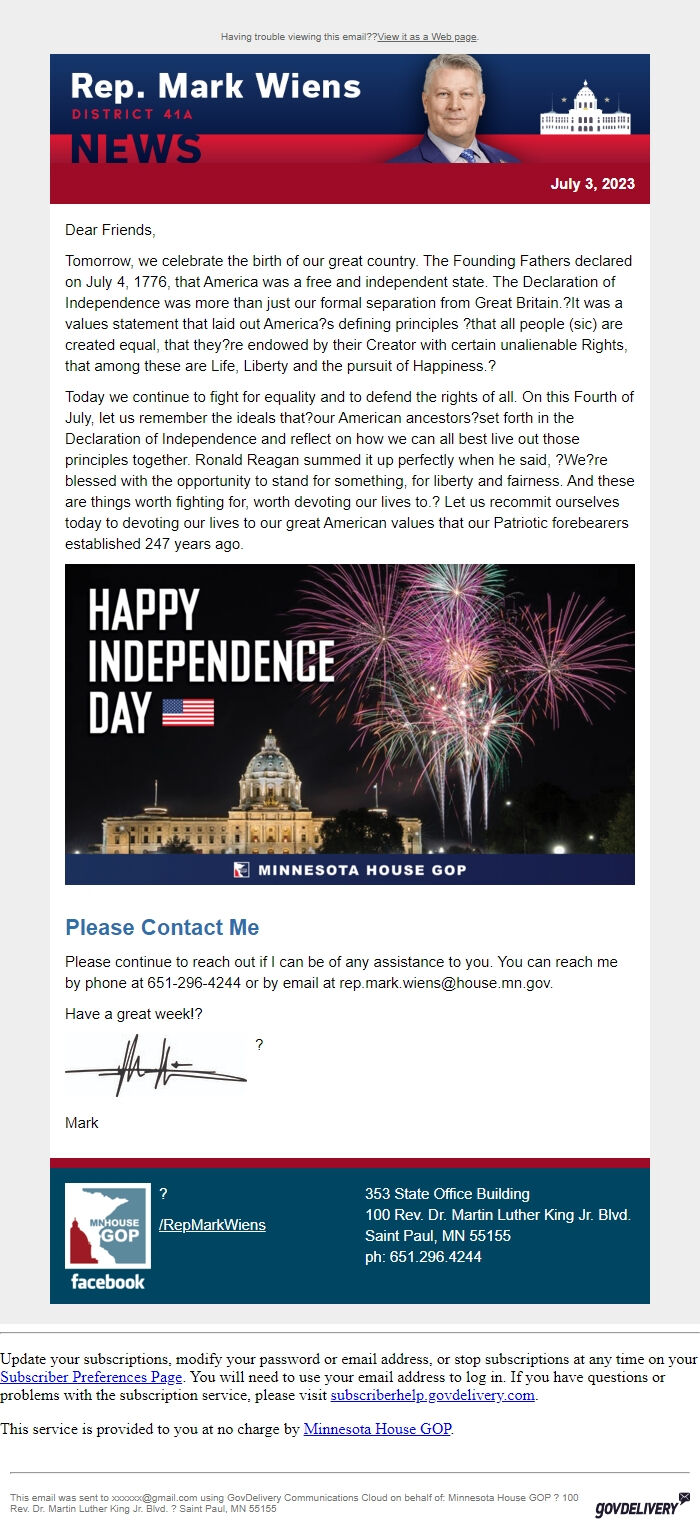 Screenshot of the email generated on import