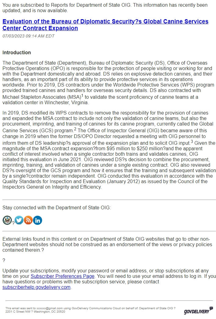 Screenshot of the email generated on import