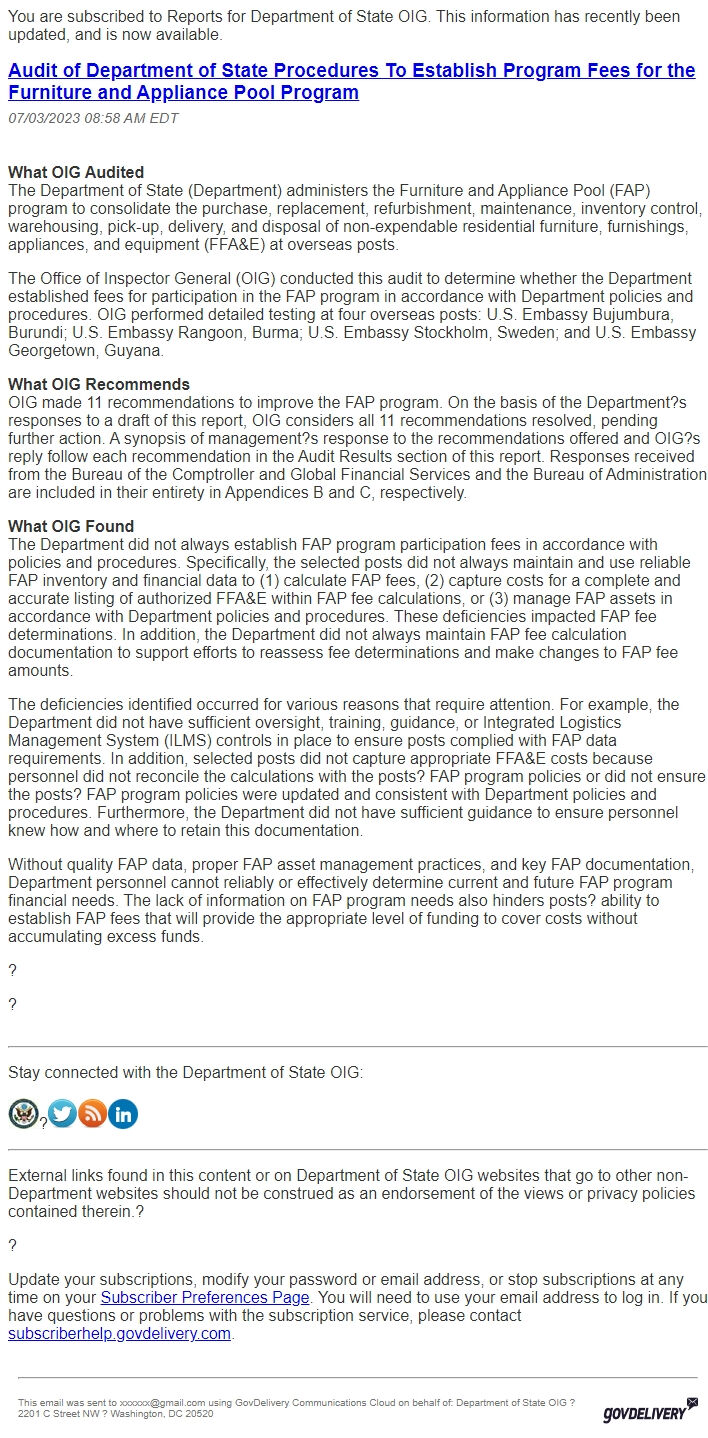 Screenshot of the email generated on import