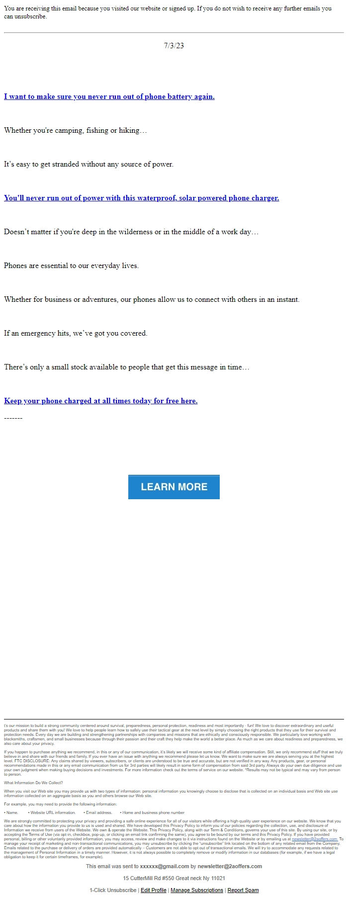 Screenshot of the email generated on import