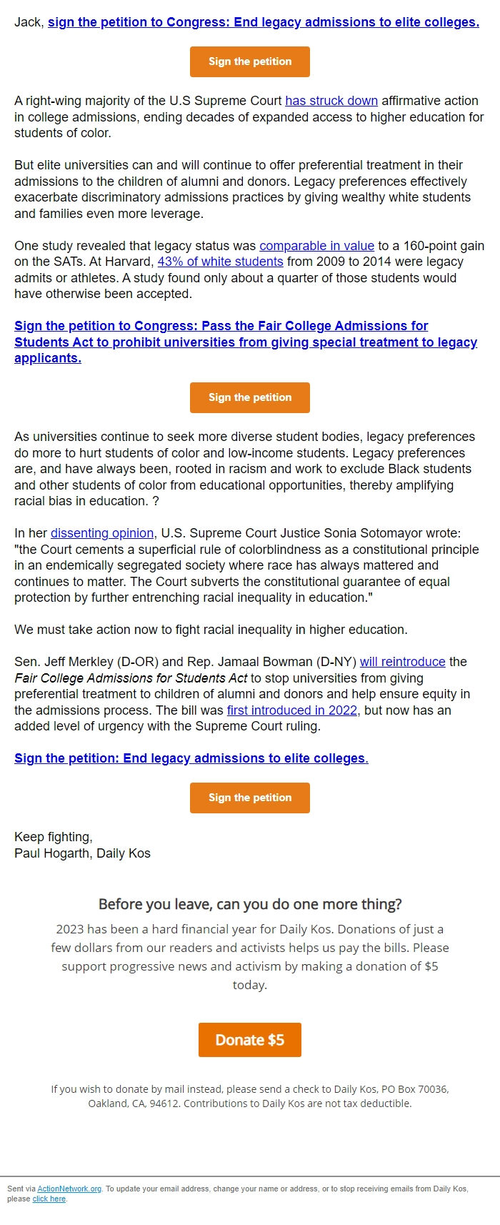 Screenshot of the email generated on import
