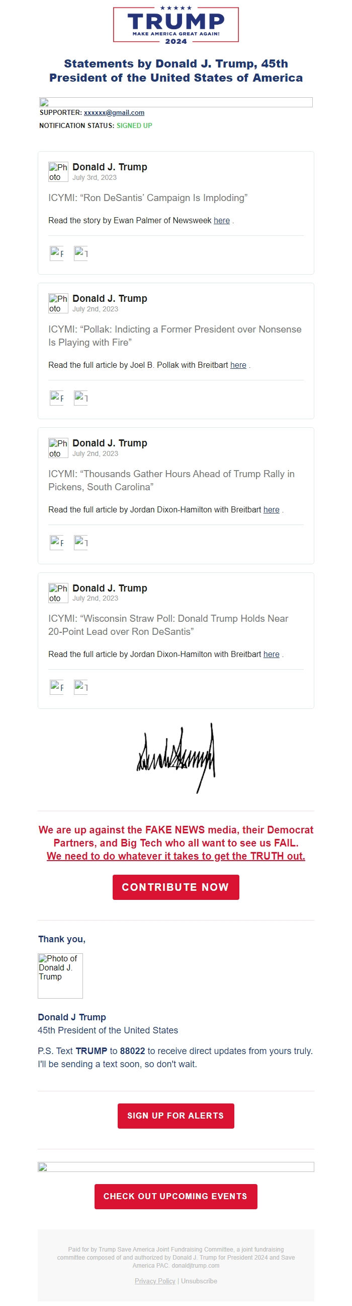 Screenshot of the email generated on import